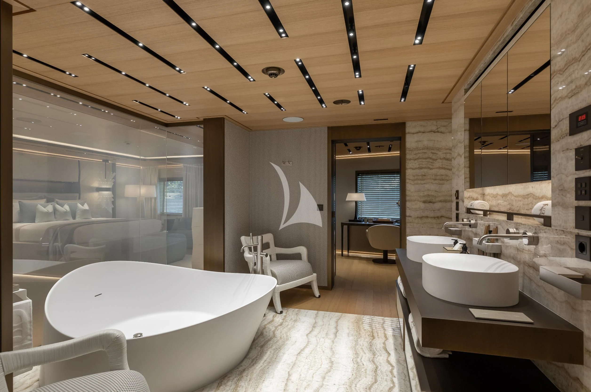 a large bathroom with a large tub aboard LA DATCHA Yacht for Sale