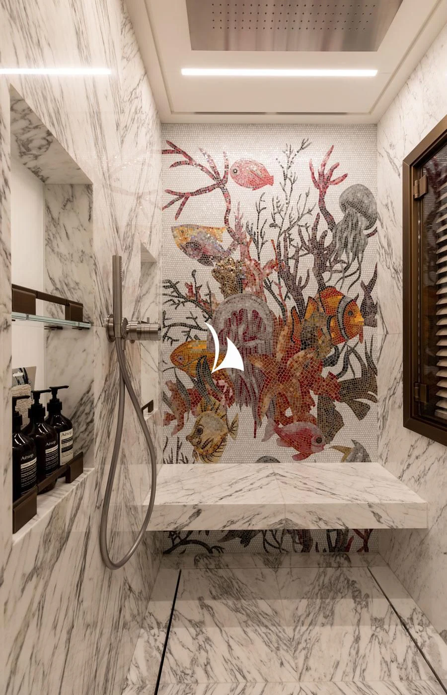 a room with a painting on the wall aboard LA DATCHA Yacht for Sale