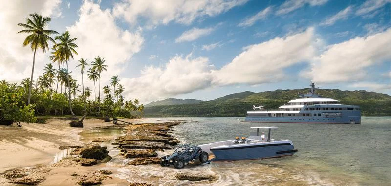a boat and a car on a beach with a cruise ship in the background aboard LA DATCHA Yacht for Sale