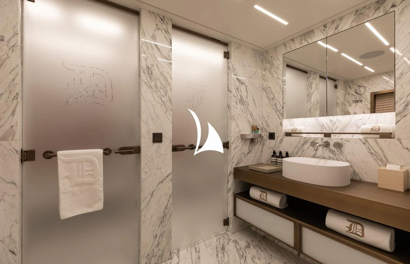 a bathroom with a sink and mirror aboard LA DATCHA Yacht for Sale