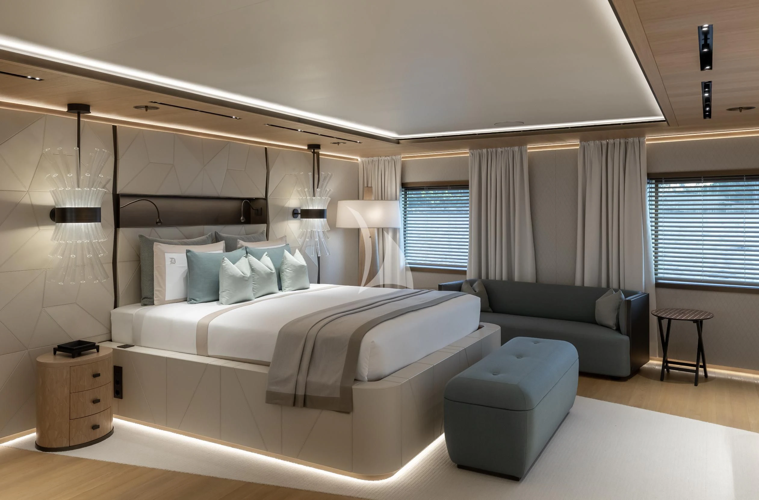 a room with a bed and a couch aboard LA DATCHA Yacht for Sale