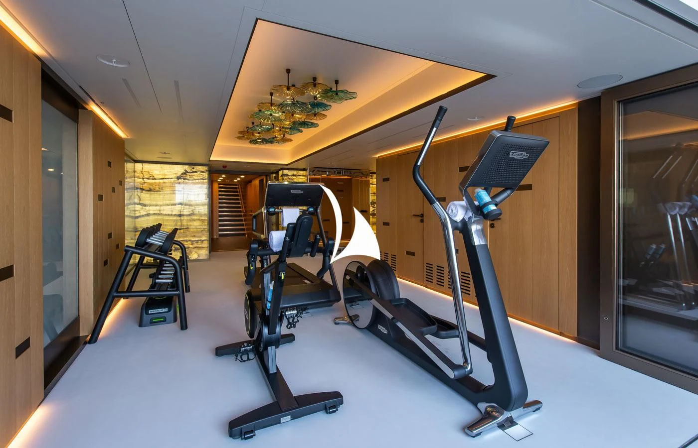 a set of exercise equipment in a room aboard LA DATCHA Yacht for Sale