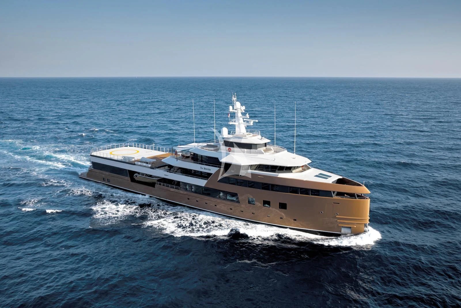 a large ship in the water aboard LA DATCHA Yacht for Sale