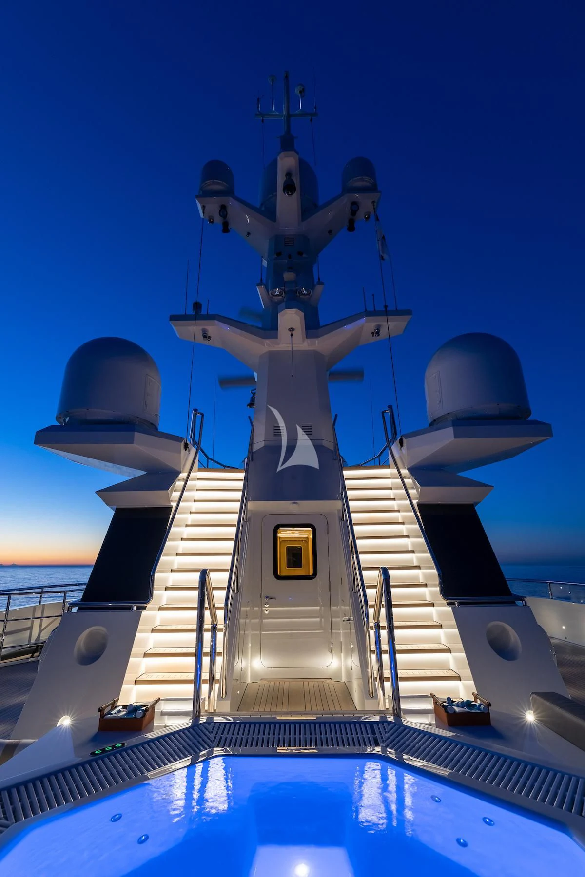 a white and black ship with domes aboard LA DATCHA Yacht for Sale