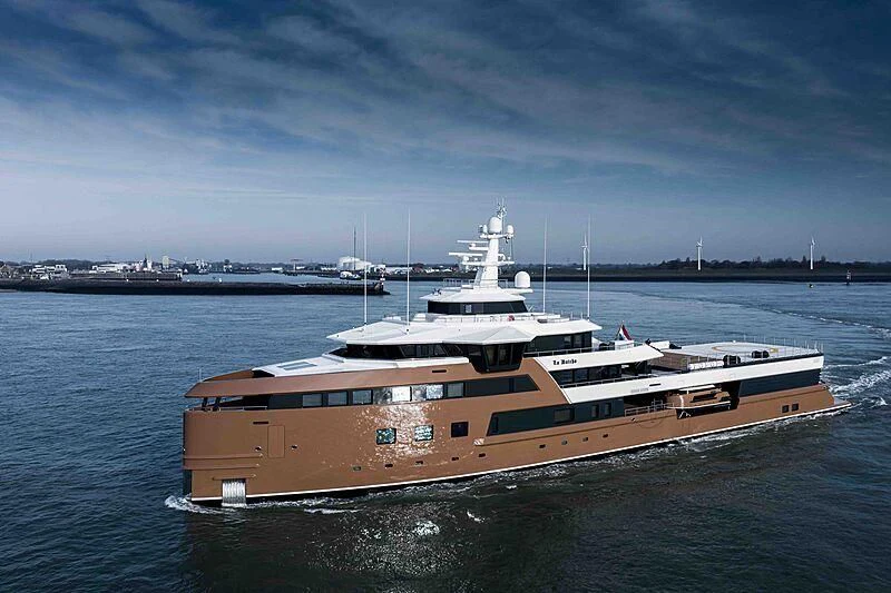 a large boat in the water aboard LA DATCHA Yacht for Sale