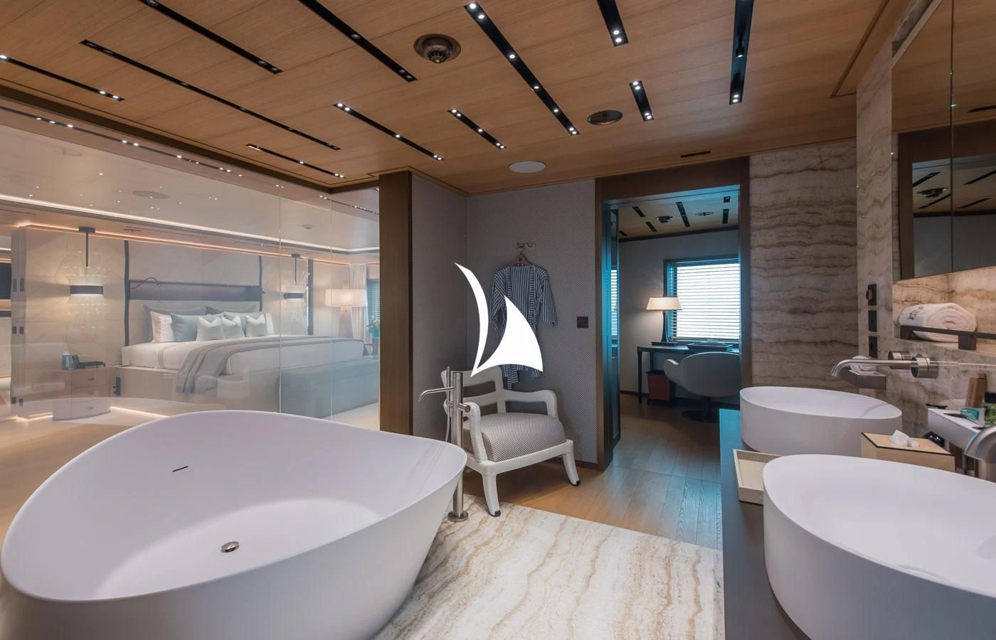 a large bathroom with a large tub aboard LA DATCHA Yacht for Sale