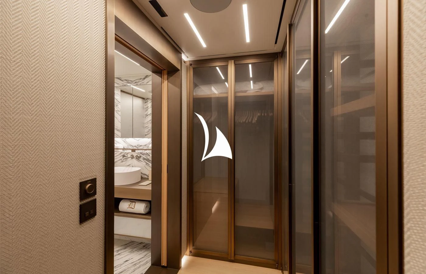 a bathroom with a glass shower aboard LA DATCHA Yacht for Sale