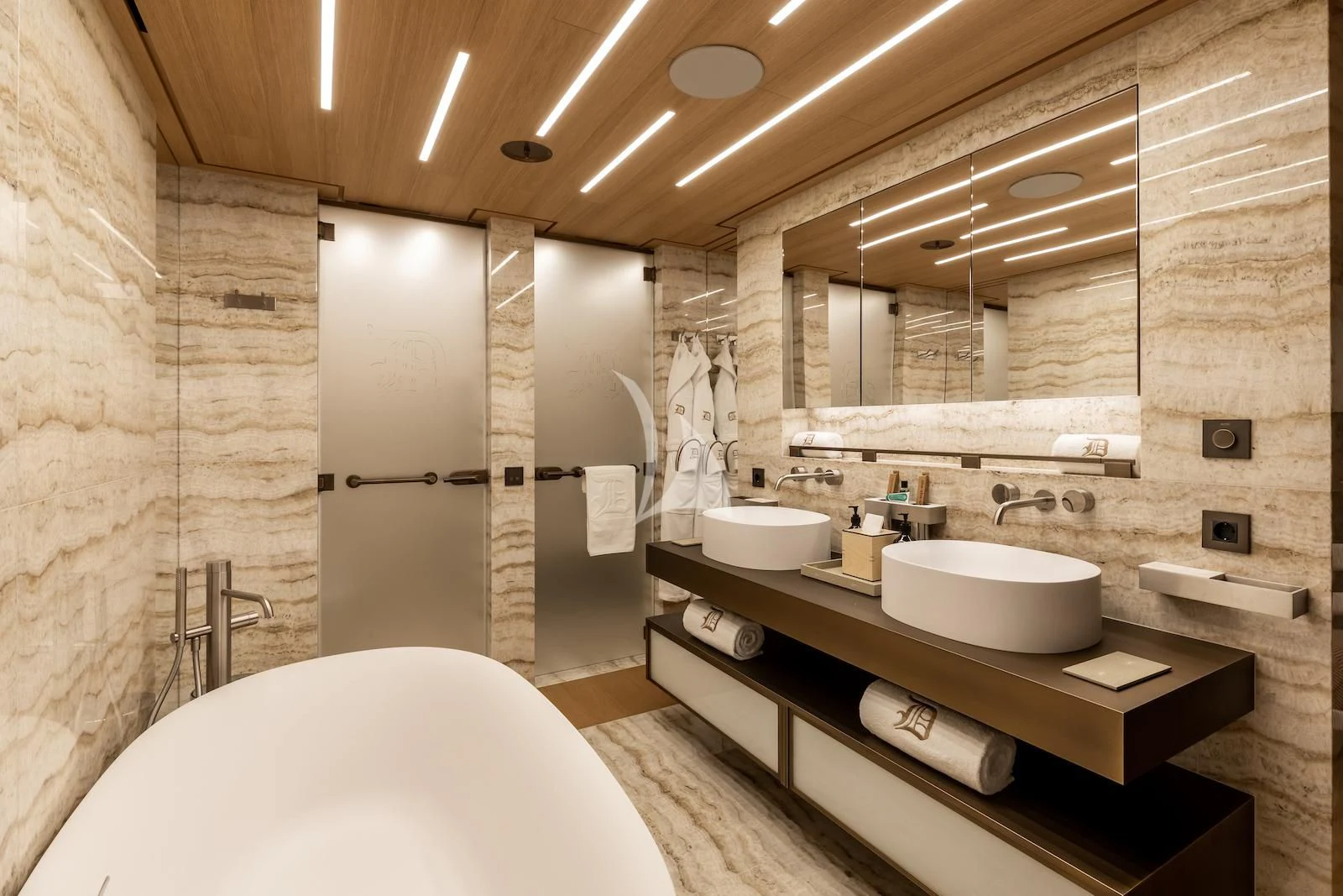 a bathroom with a sink and a mirror aboard LA DATCHA Yacht for Sale