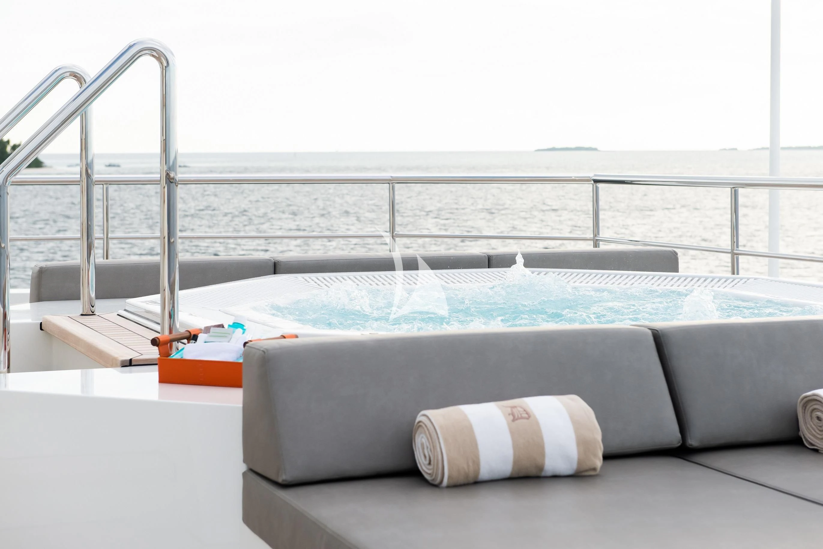 a couch with a pool table aboard LA DATCHA Yacht for Sale