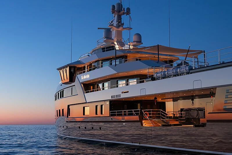 a large ship on the water aboard LA DATCHA Yacht for Sale