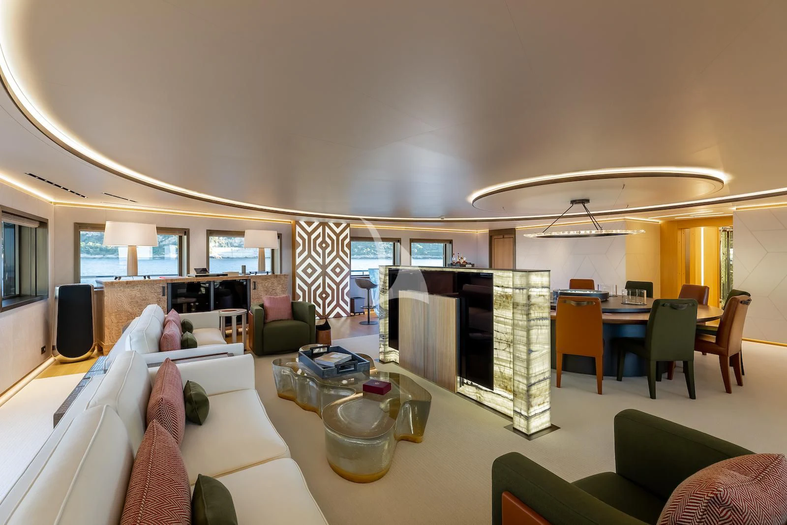 a room with a couch and a television aboard LA DATCHA Yacht for Sale
