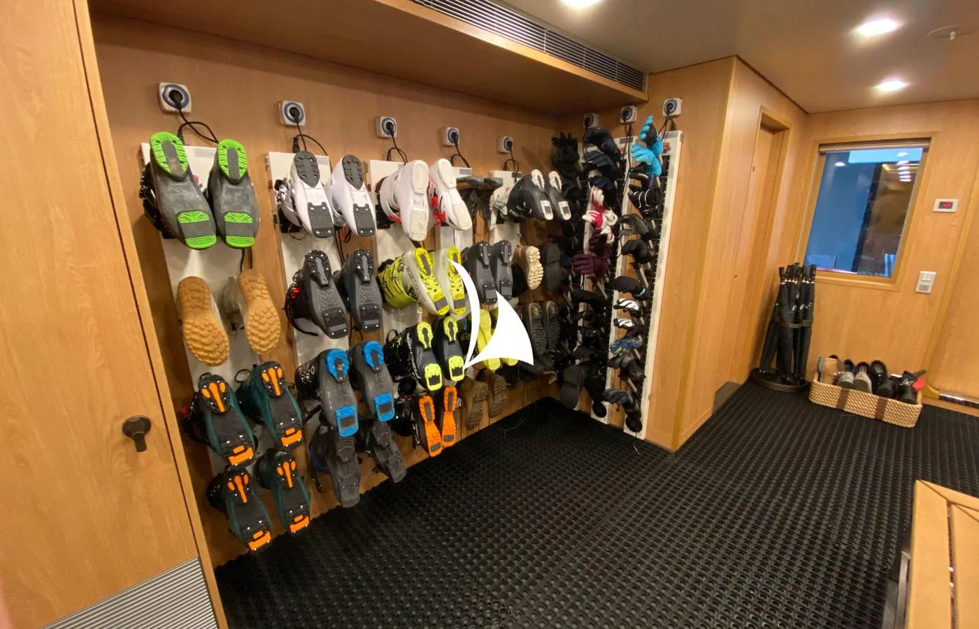 a rack of shoes aboard LA DATCHA Yacht for Sale