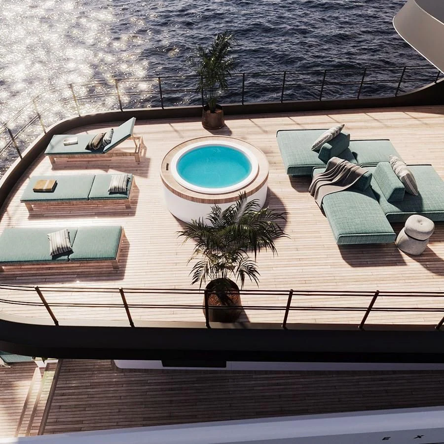 a pool with a deck and chairs aboard TERRANOVA 41 Yacht for Sale