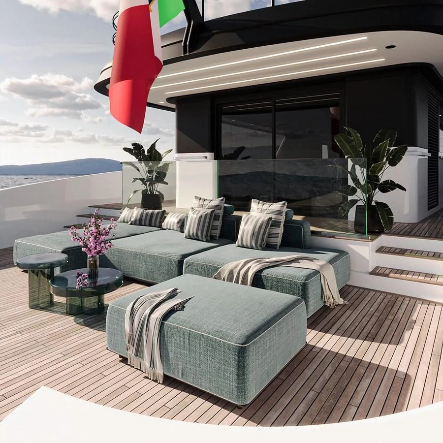 a living room with a large fireplace aboard TERRANOVA 41 Yacht for Sale