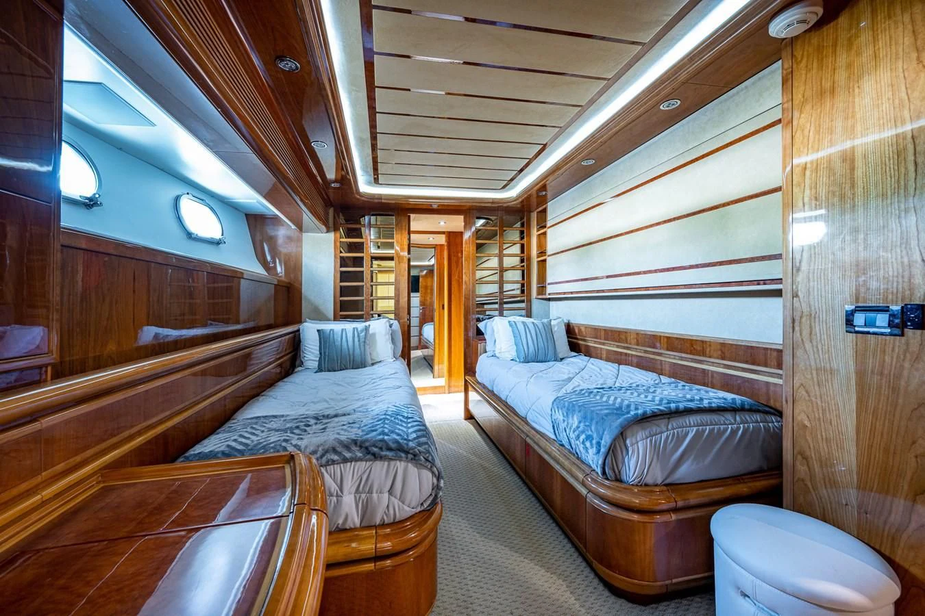 a room with two beds aboard EVERYTHING GOOD Yacht for Sale