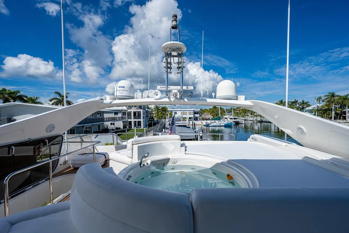 a boat with a dome on the deck aboard EVERYTHING GOOD Yacht for Sale