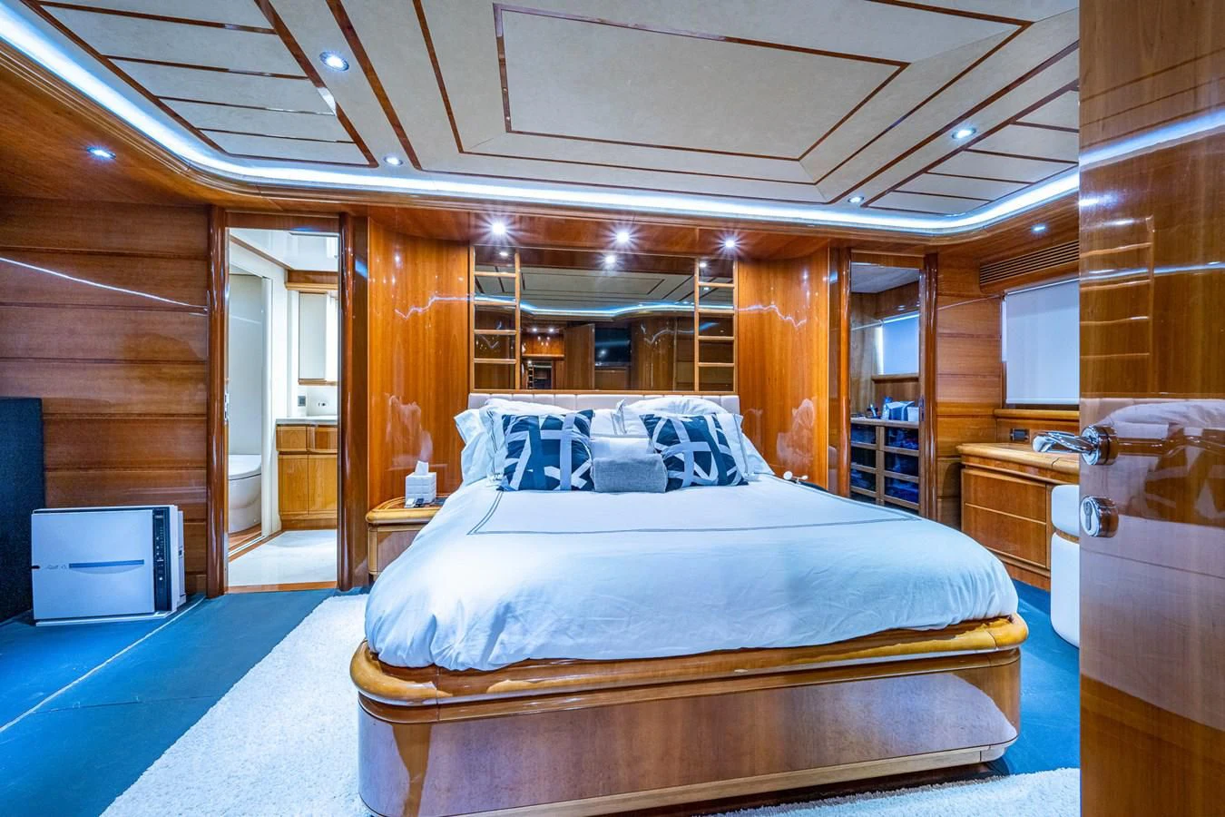 a bed in a room aboard EVERYTHING GOOD Yacht for Sale
