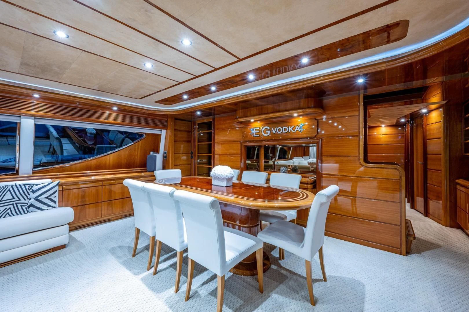 a restaurant with tables and chairs aboard EVERYTHING GOOD Yacht for Sale