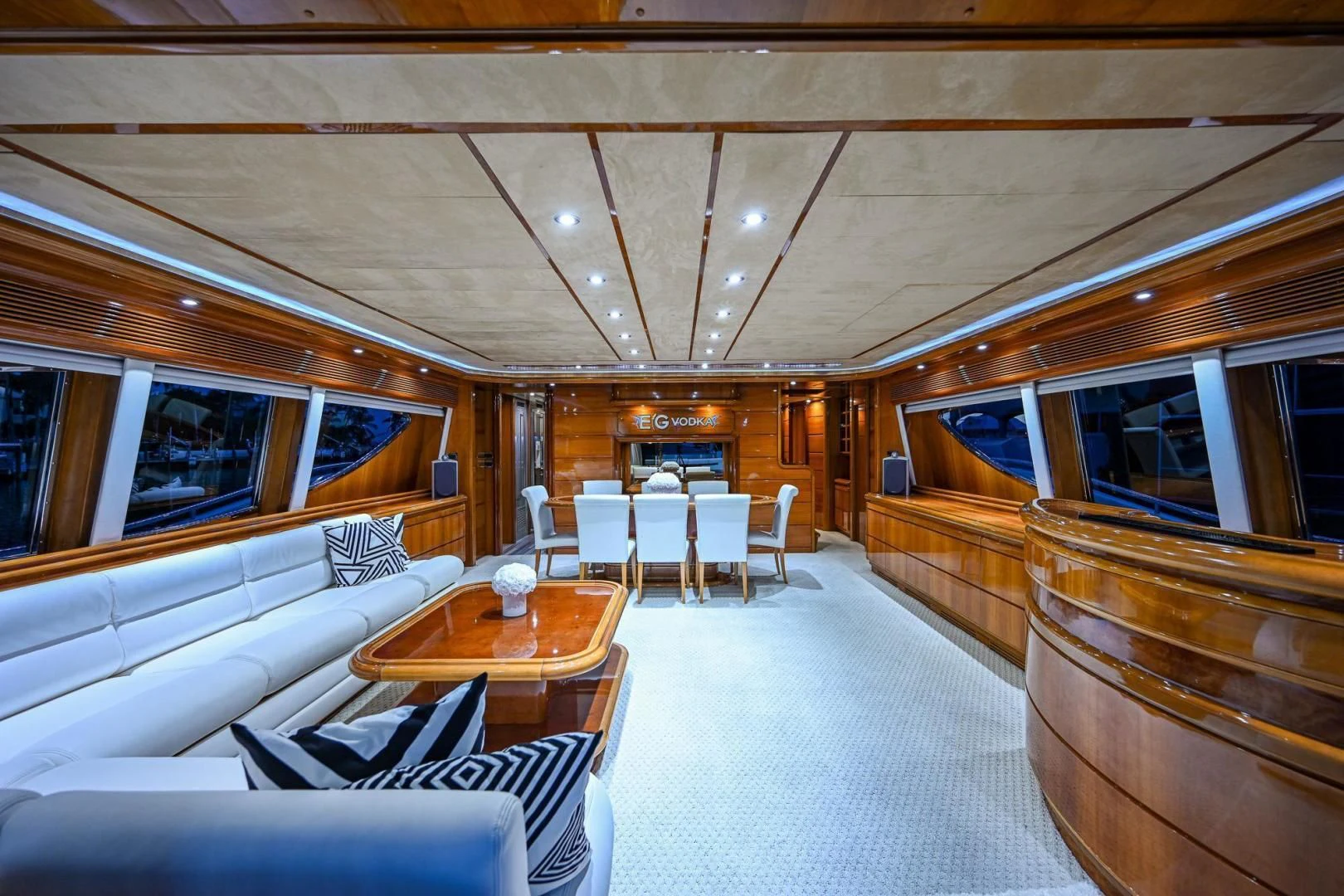 a train with a table and chairs aboard EVERYTHING GOOD Yacht for Sale