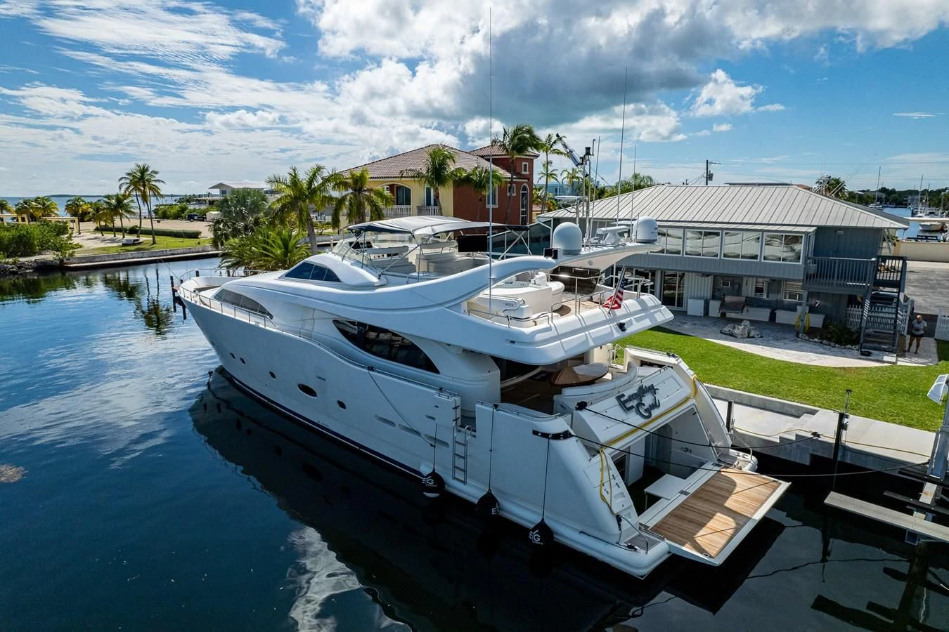 a boat docked at a pier aboard EVERYTHING GOOD Yacht for Sale
