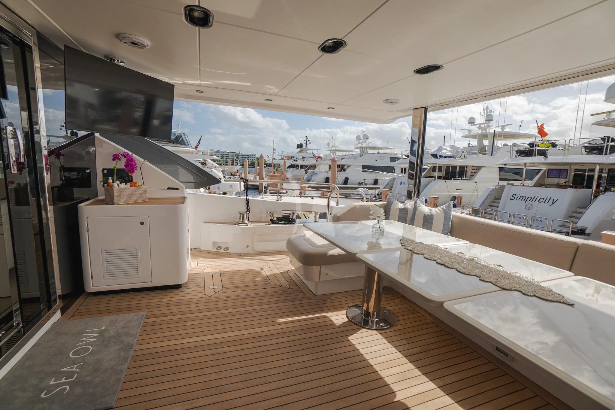 a room with a bed and a desk aboard SEA OWL Yacht for Sale