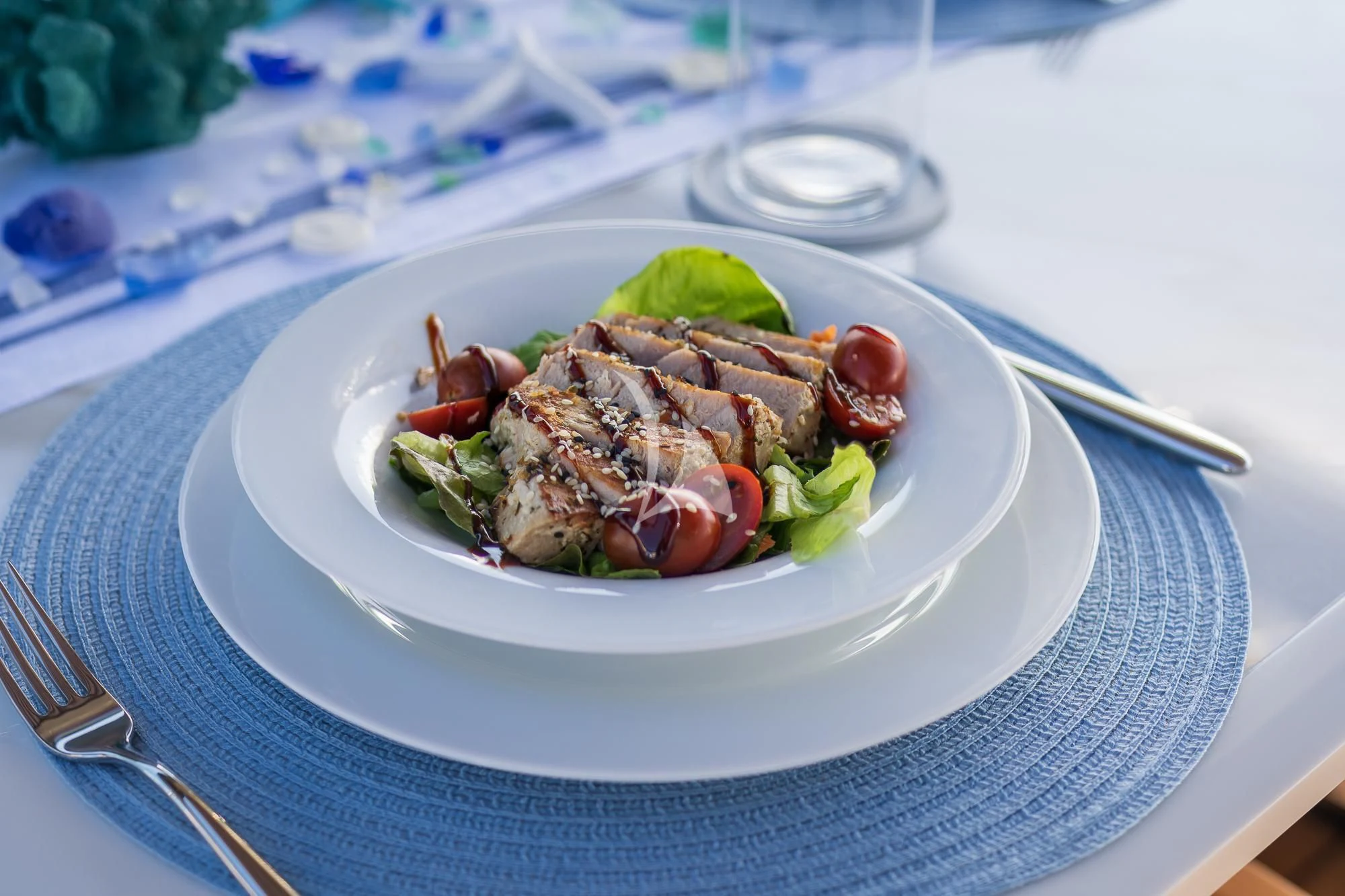 a plate of food aboard SEA OWL Yacht for Sale