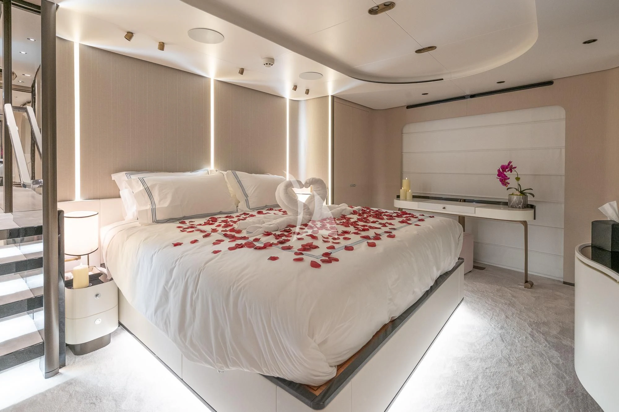 a bed with white sheets aboard SEA OWL Yacht for Sale