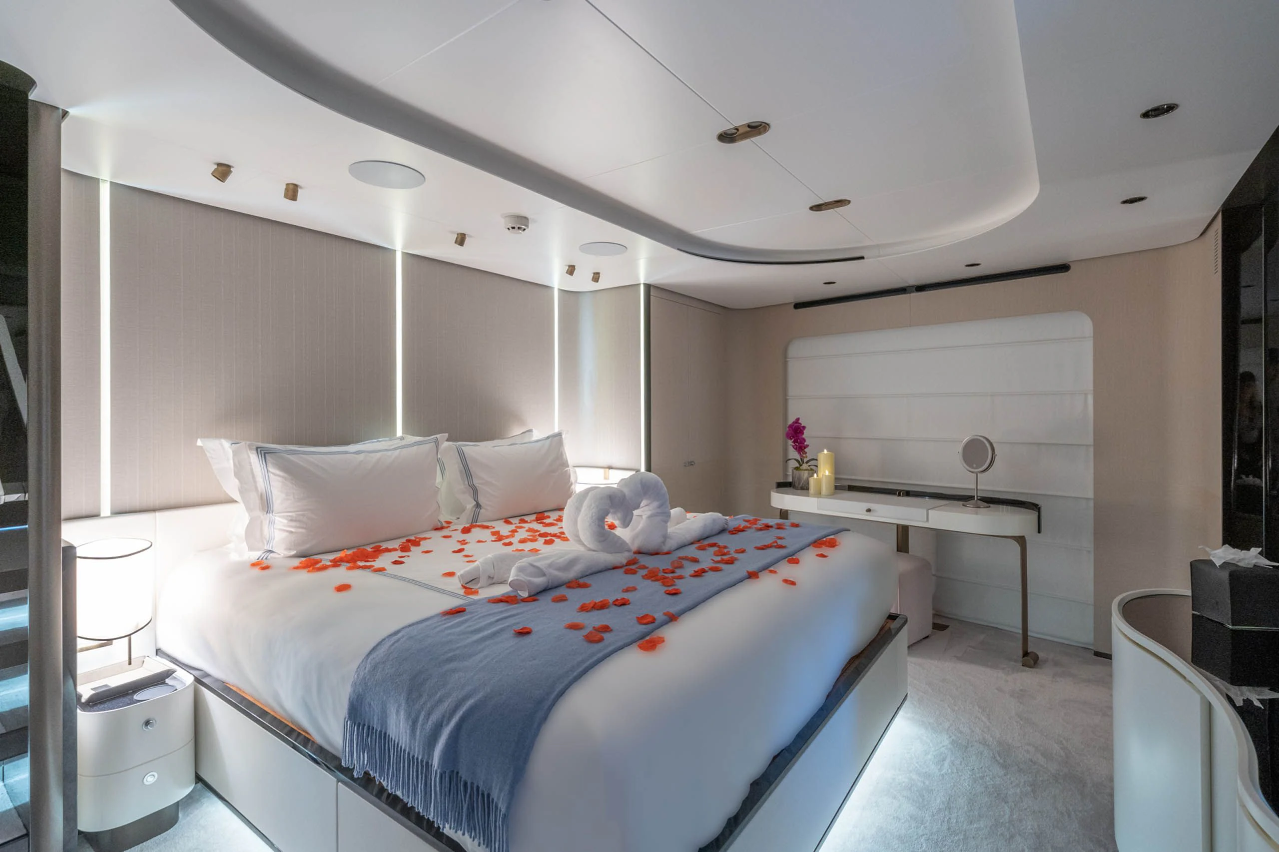 a bed with white sheets aboard SEA OWL Yacht for Sale