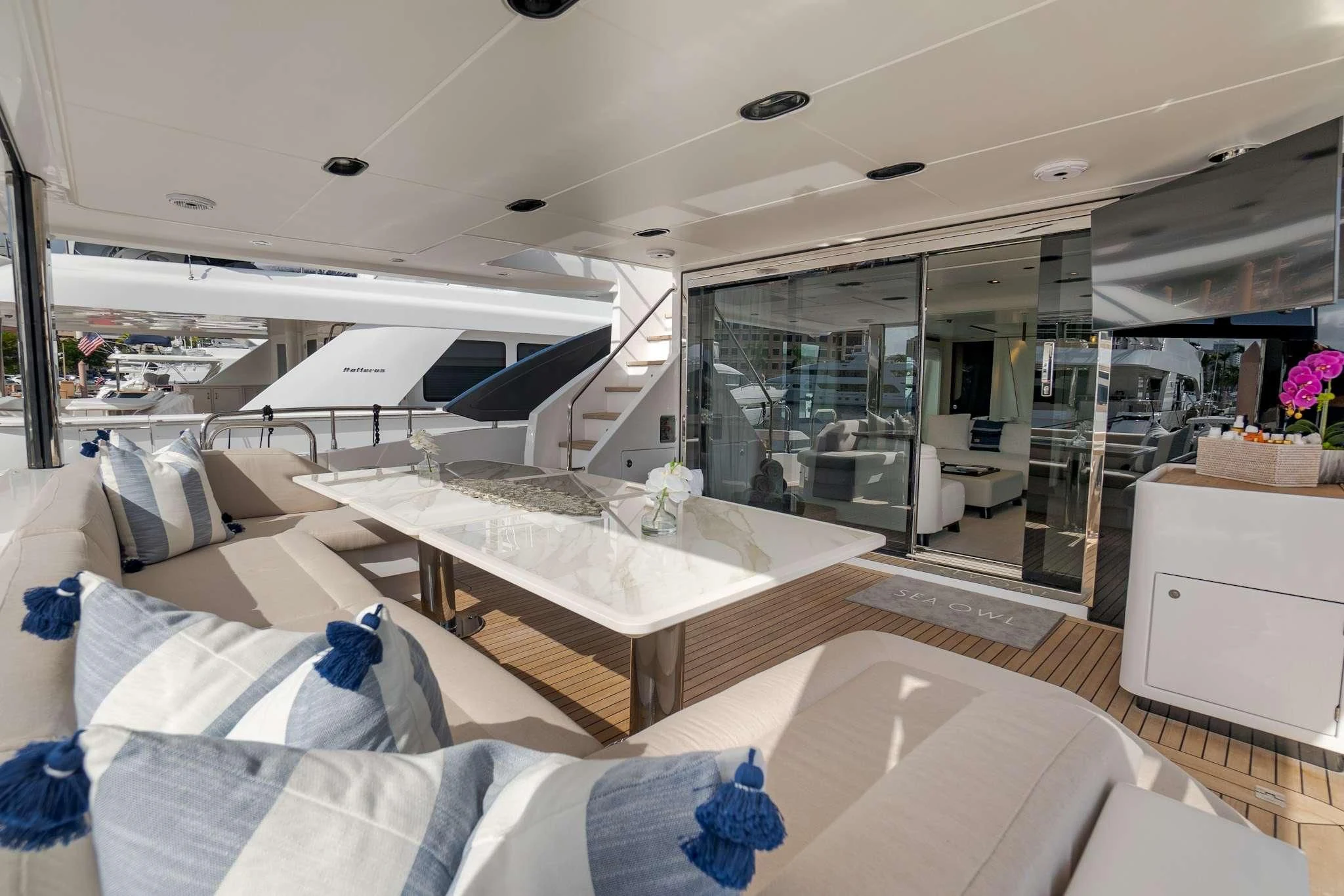 a room with a bed and a desk aboard SEA OWL Yacht for Sale