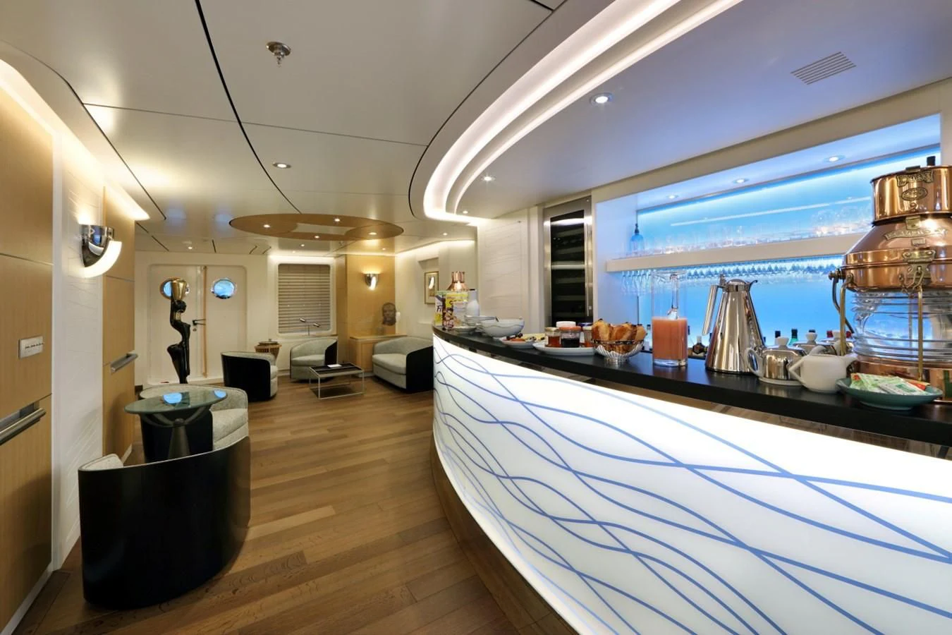 a large kitchen with a large pool table and a large window aboard YERSIN Yacht for Charter