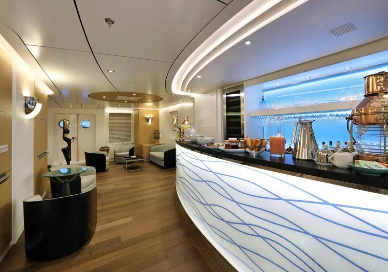 a large modern looking kitchen with a large glass window aboard YERSIN Yacht for Charter