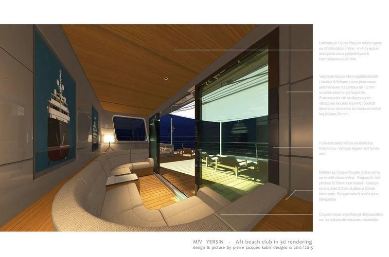 a room with a couch and a large window aboard YERSIN Yacht for Charter