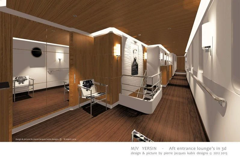 a room with a staircase and a large mirror aboard YERSIN Yacht for Charter