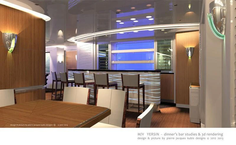 a room with tables and chairs aboard YERSIN Yacht for Charter