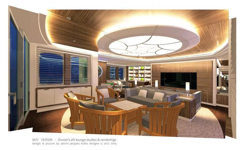 a living room with a large ceiling aboard YERSIN Yacht for Charter