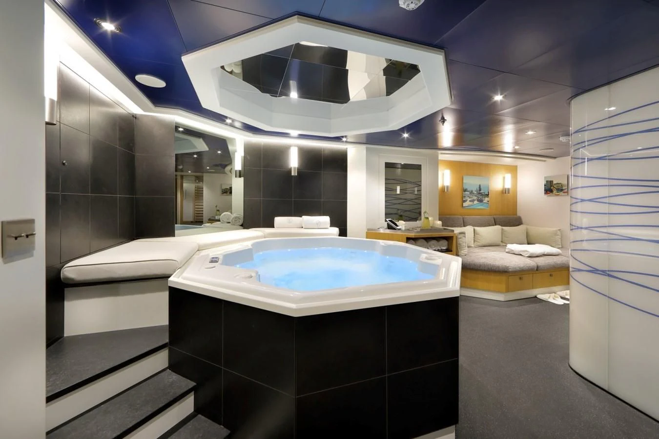 a large bathroom with a large jacuzzi tub aboard YERSIN Yacht for Charter