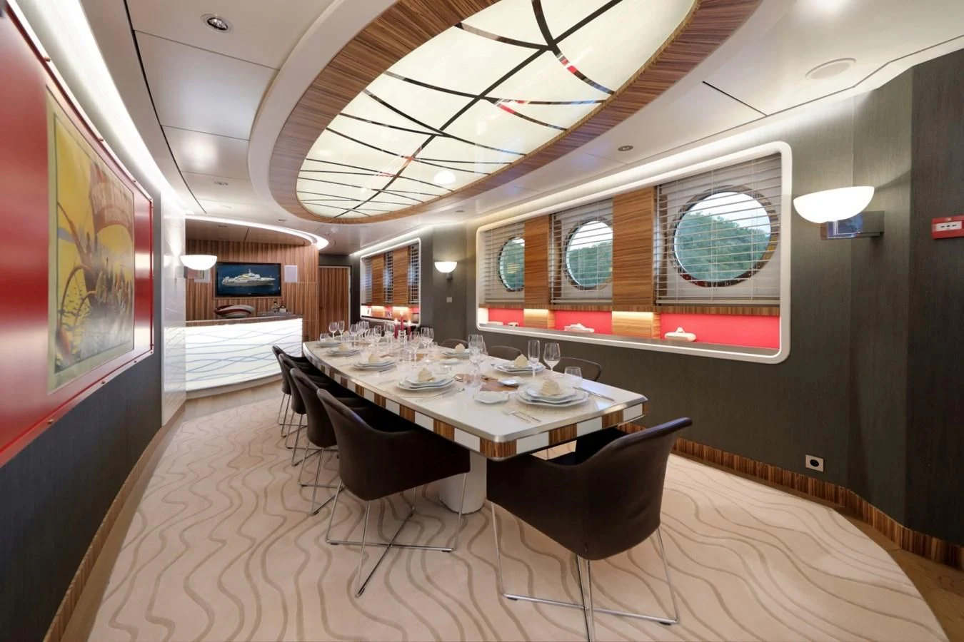 a conference room with a table and chairs aboard YERSIN Yacht for Charter