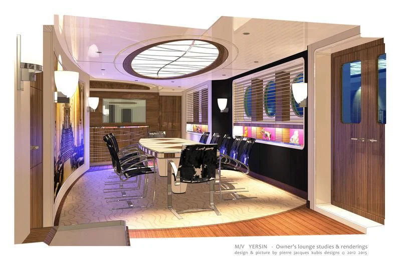 a room with tables and chairs aboard YERSIN Yacht for Charter