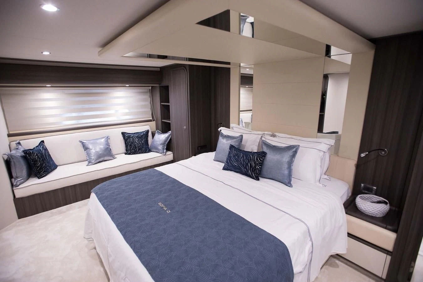 a hotel room with two beds aboard SOFIA D Yacht for Sale