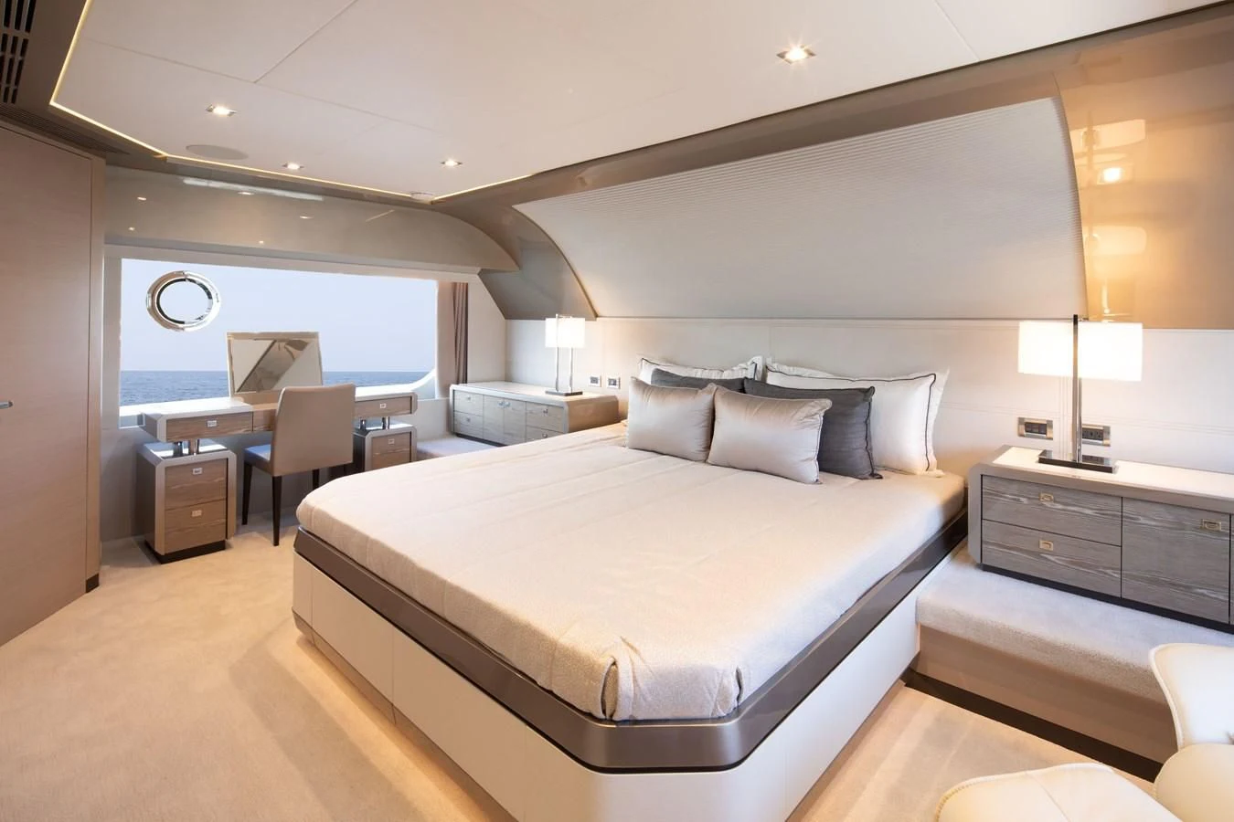 a large bed in a hotel room aboard MAKE BIG HAPPEN Yacht for Sale