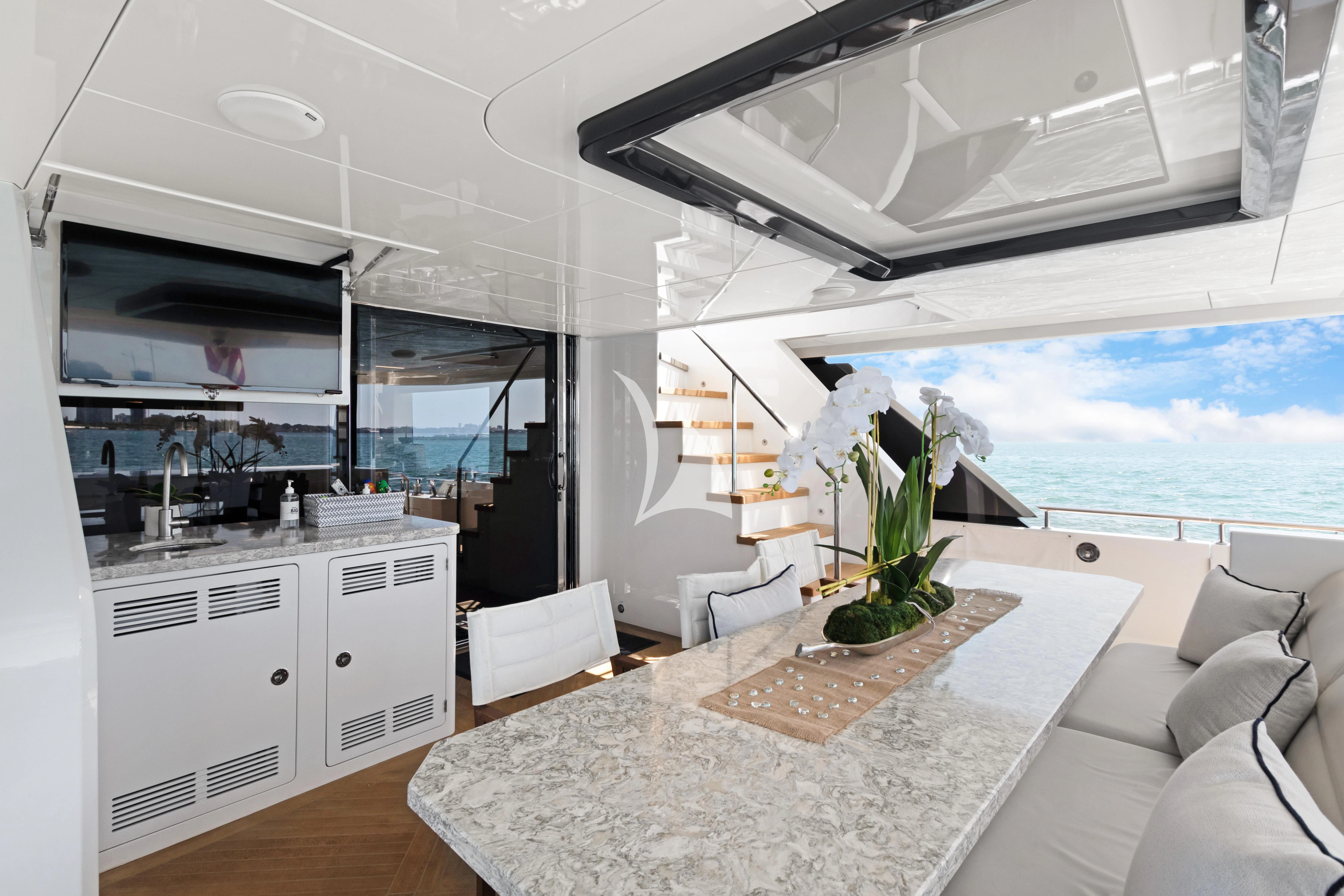 a modern looking kitchen with a large window aboard MAKE BIG HAPPEN Yacht for Sale