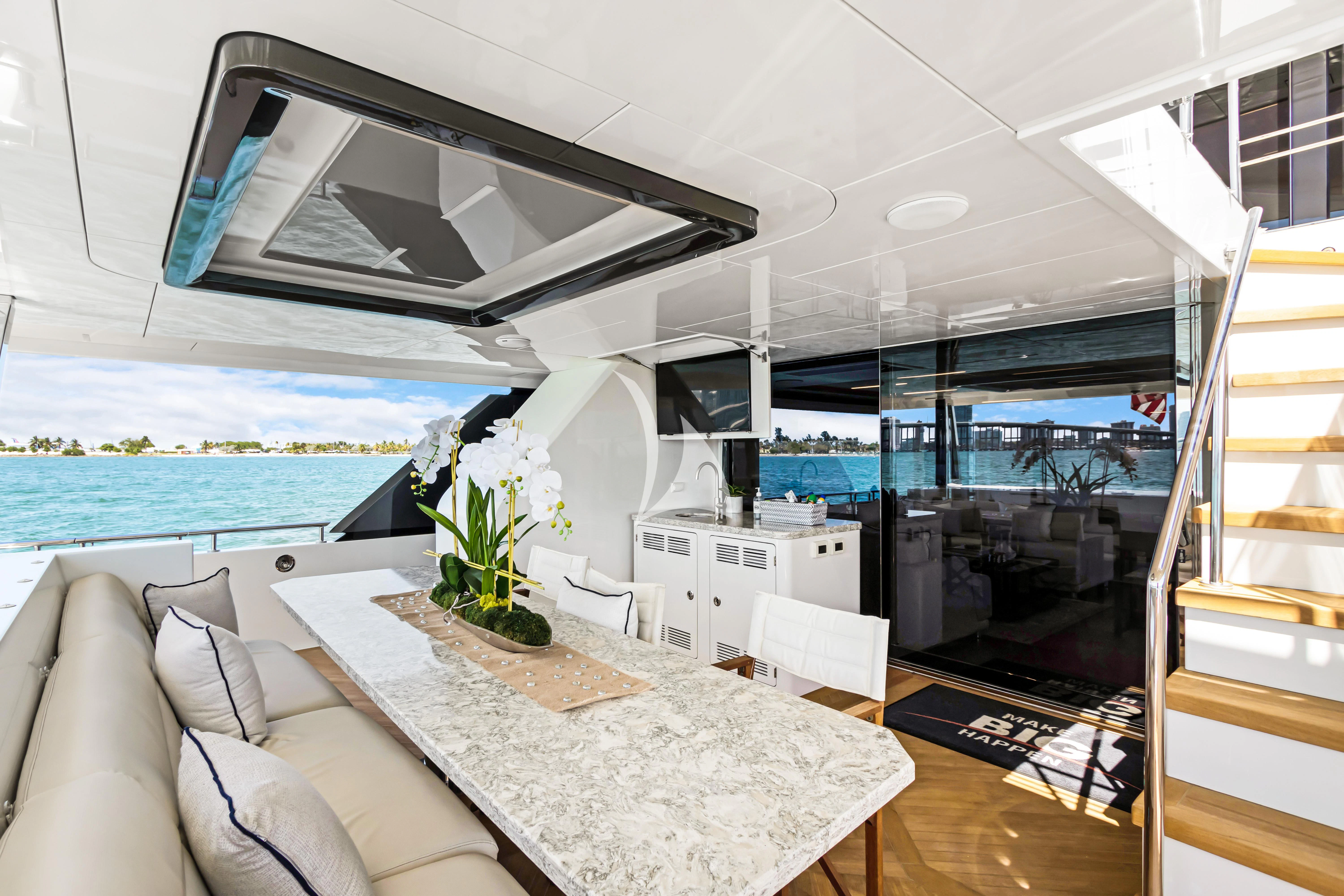 a living room with a large window aboard MAKE BIG HAPPEN Yacht for Sale