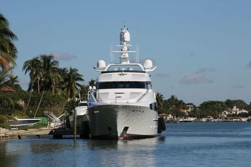 a large white boat in the water aboard USHER Yacht for Sale