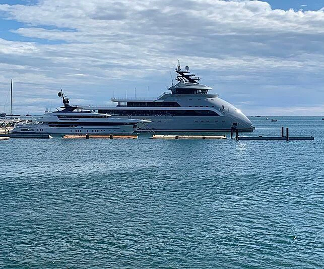 a large ship in the water aboard LADY LENA Yacht for Sale