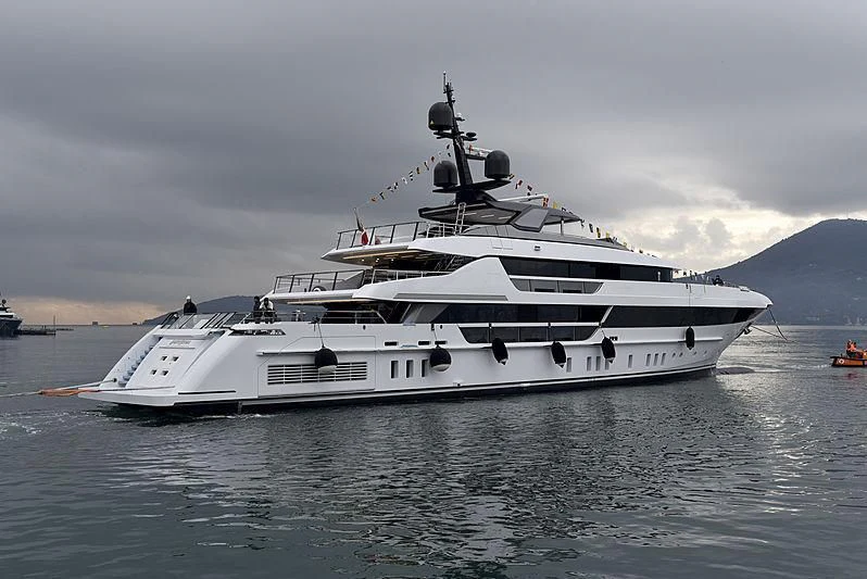 a white yacht in the water aboard LADY LENA Yacht for Sale