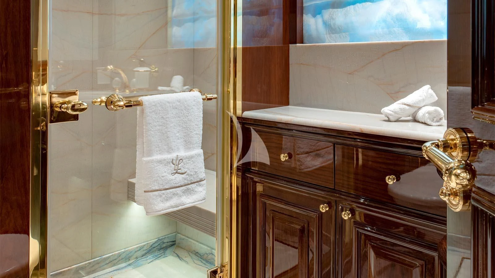 a bathroom with a large mirror aboard LADY LENA Yacht for Sale