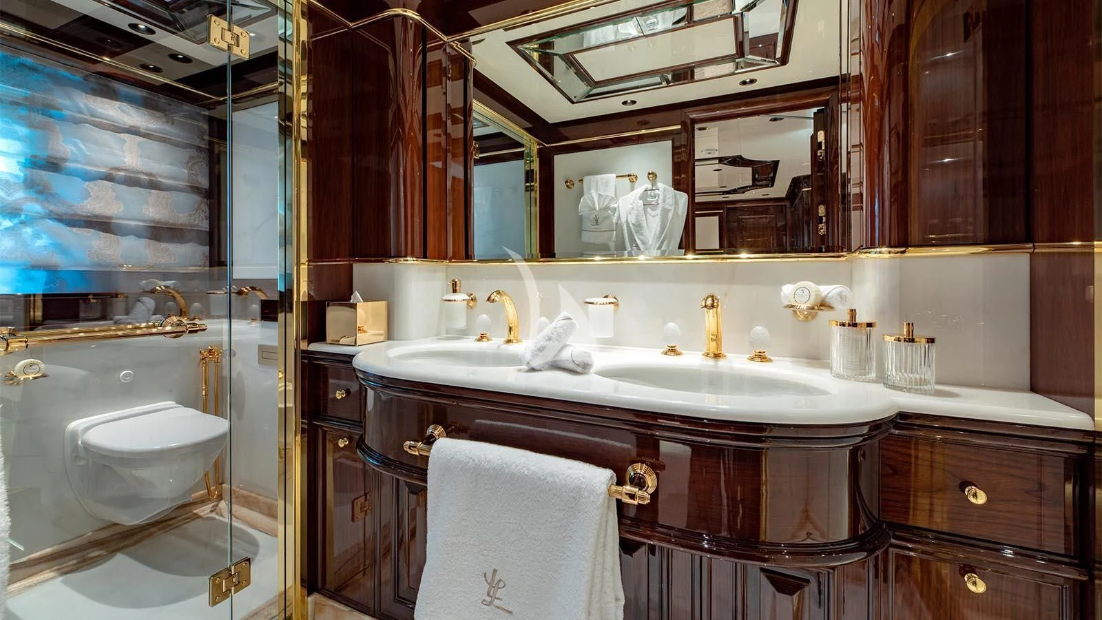 a bathroom with a large mirror aboard LADY LENA Yacht for Sale