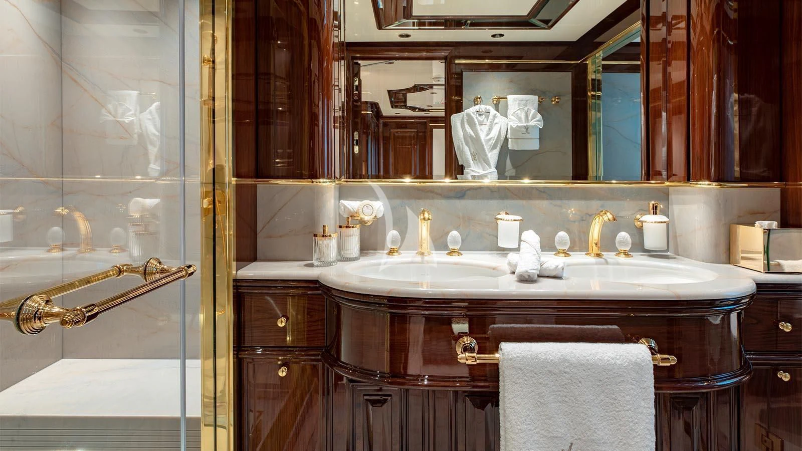 a bathroom with a large mirror aboard LADY LENA Yacht for Sale