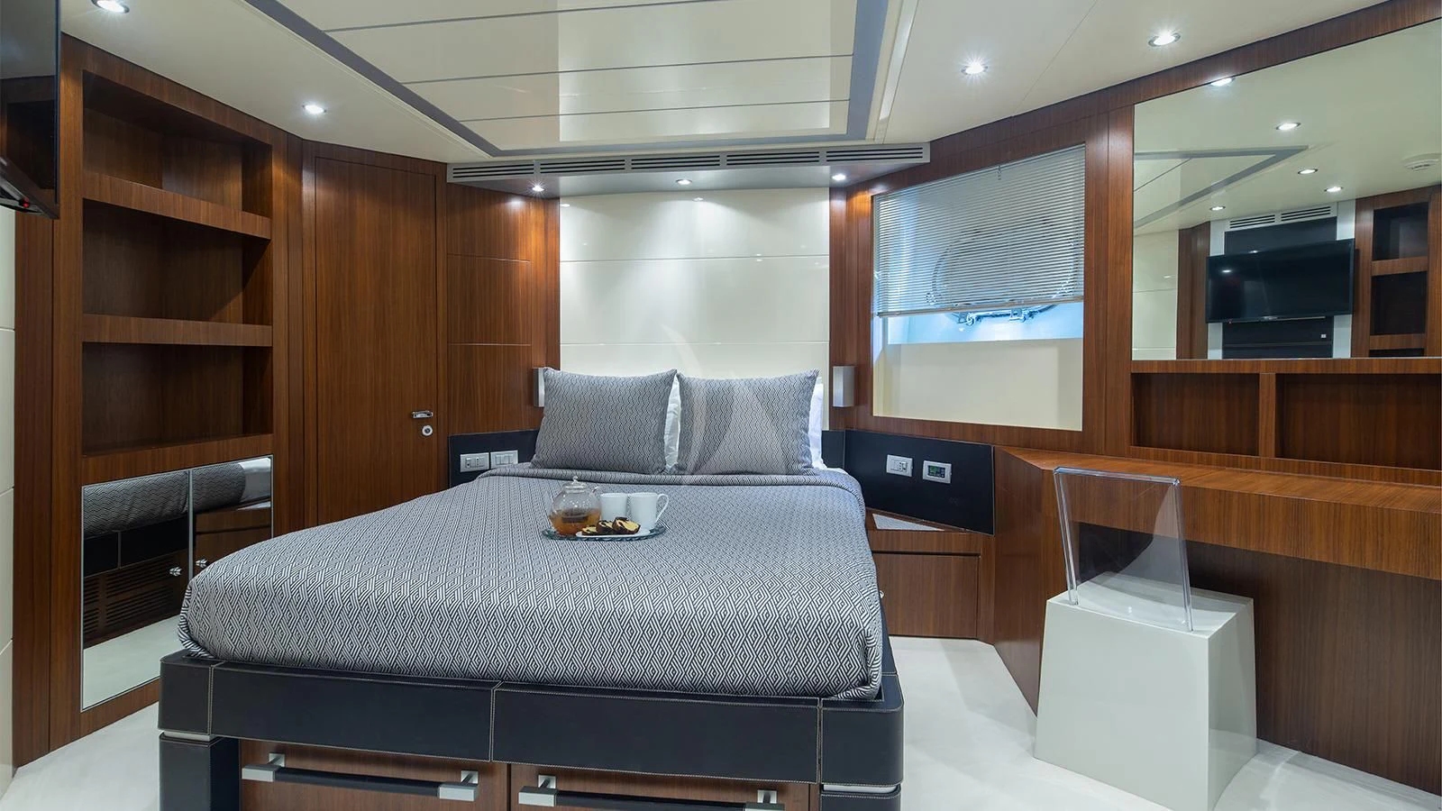 a bed in a room aboard BEYOND Yacht for Charter