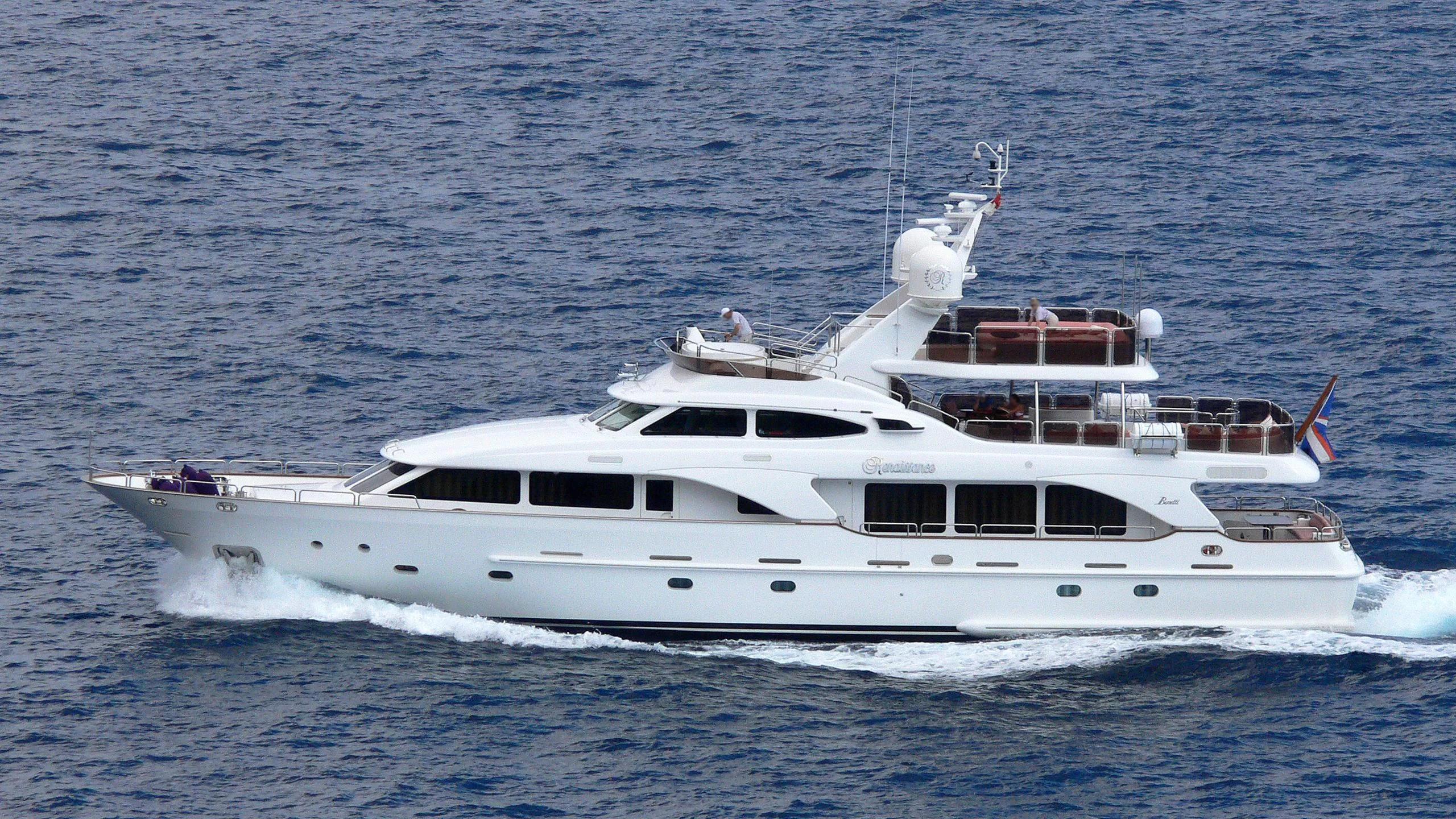 a white yacht in the water aboard RENAISSANCE Yacht for Sale